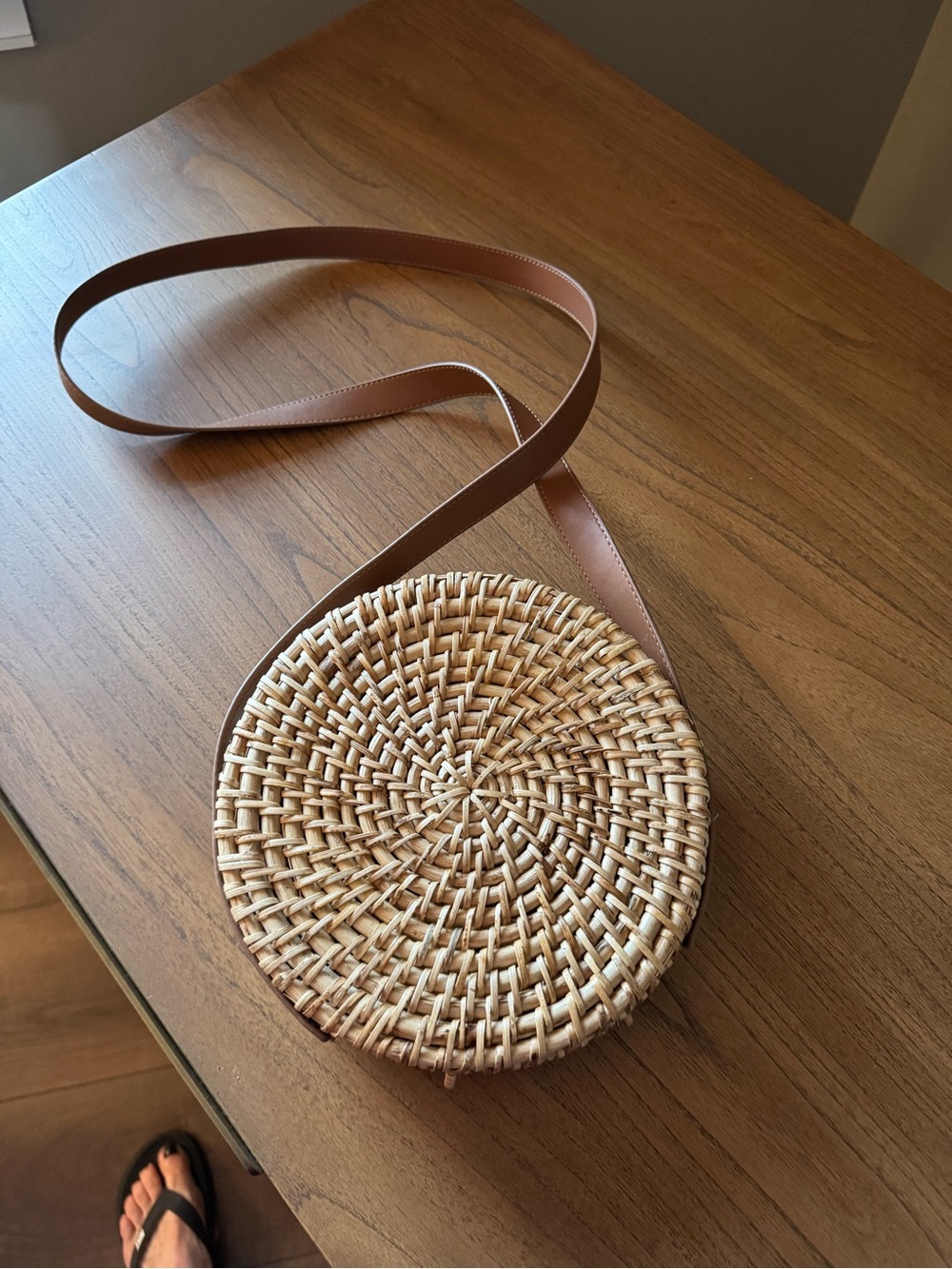 J. Crew Round Woven Straw Crossbody with Brown Strap